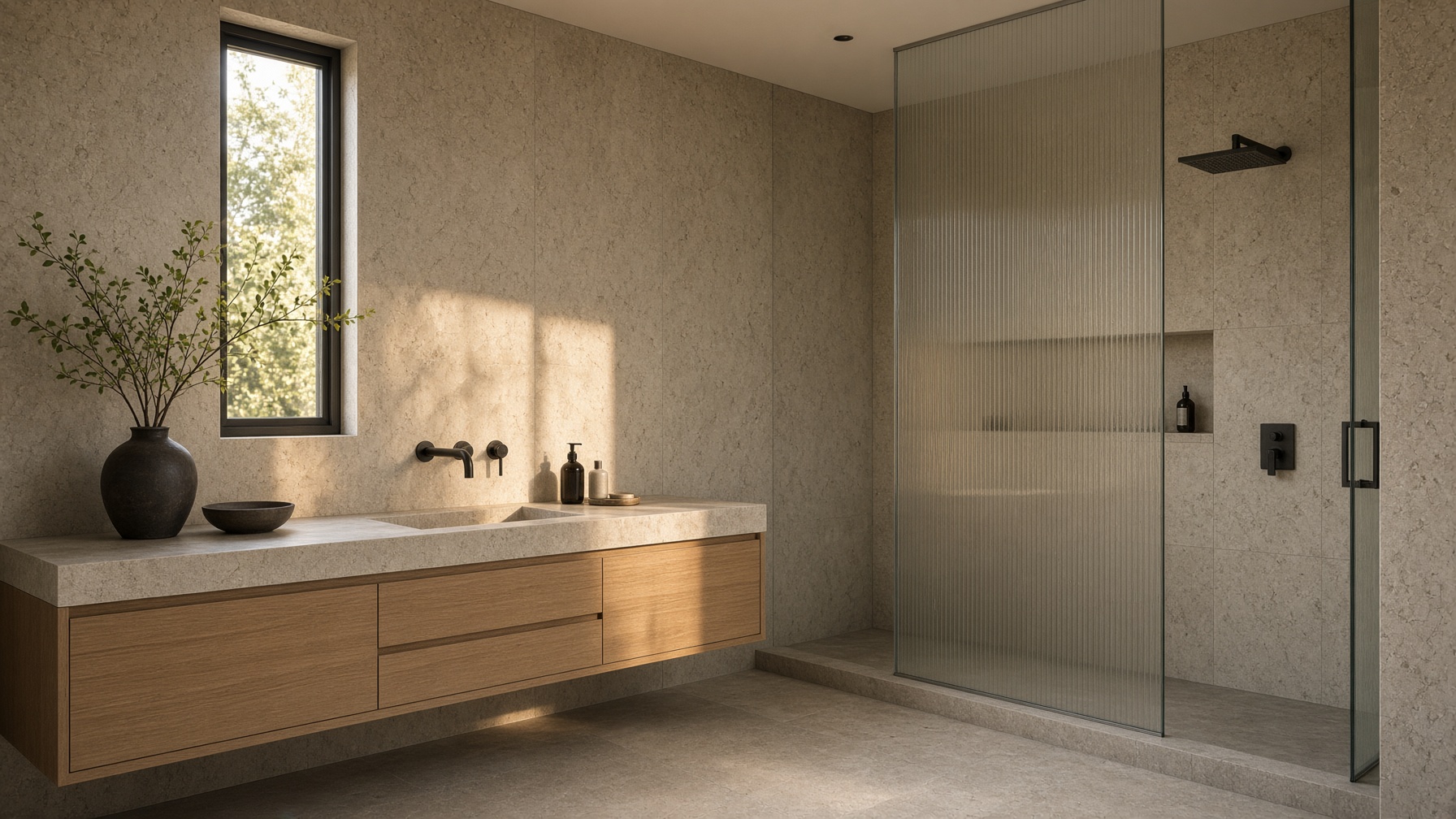 Limestone master bathroom with oak vanity, matte black fittings, and late light on the stone