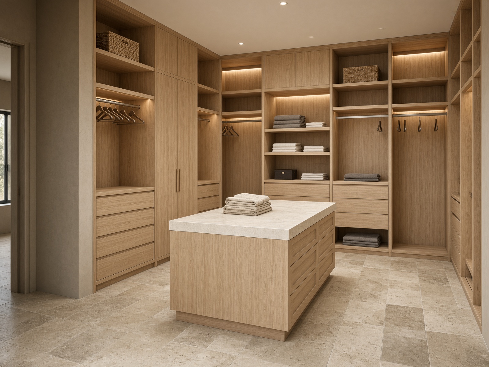 White-oak master closet with a stone-top island and warm built-in lighting