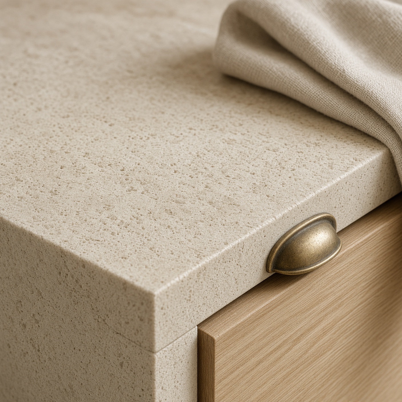Detail of honed limestone meeting white oak, with a brass pull and a folded towel