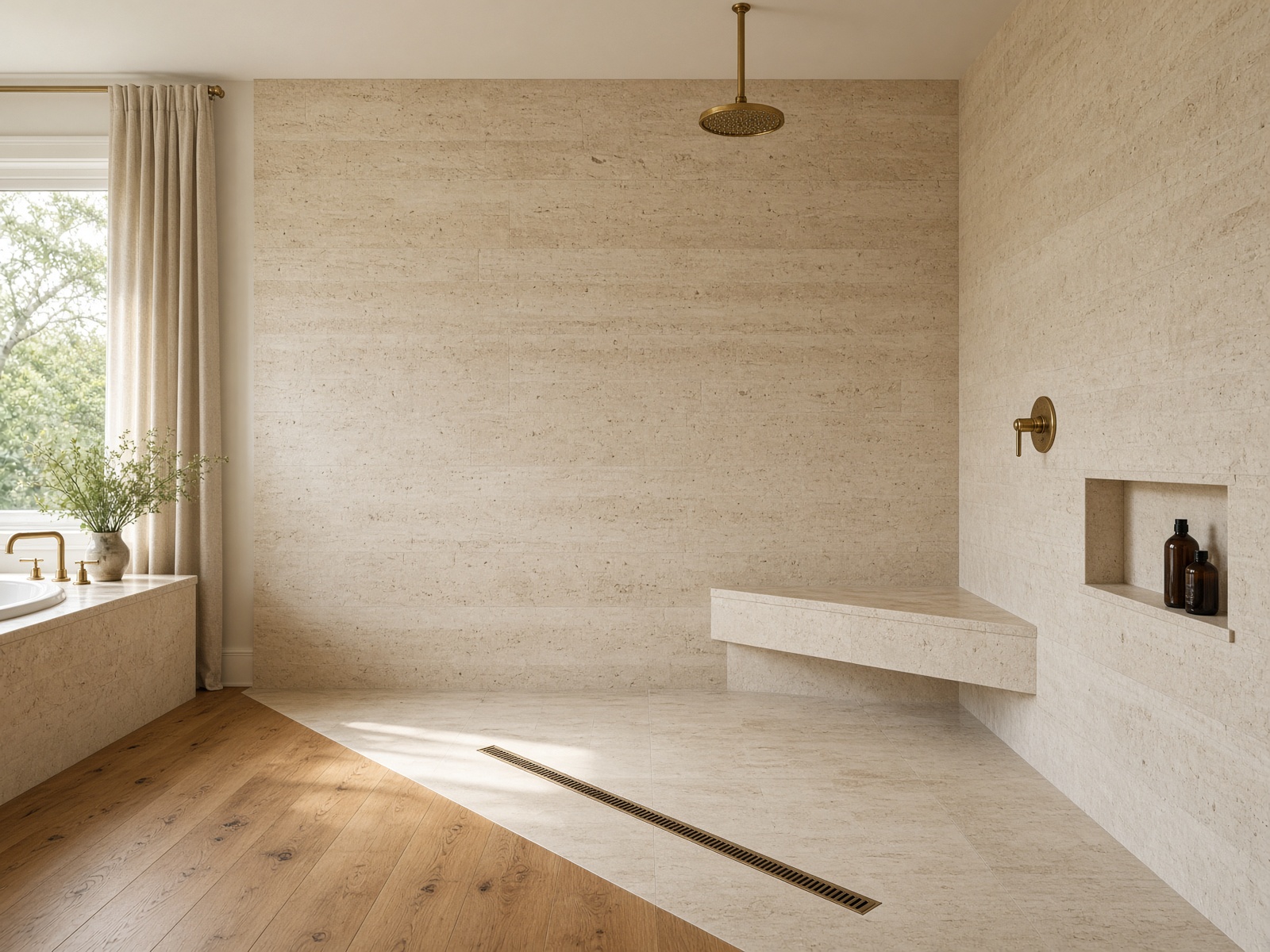 Walk-in limestone shower with a bench and a brass rain head